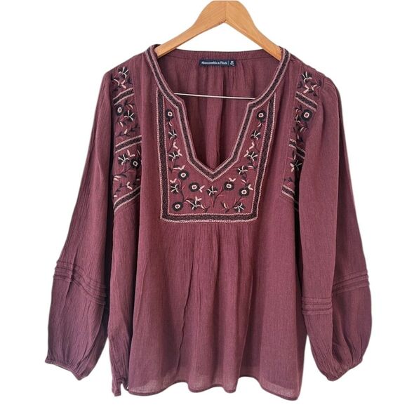 Abercrombie & Fitch Tops - Abercrombie & Fitch Long Sleeve Embroidered Boho Peasant Top Sz M Fall Burgundy